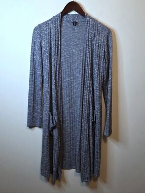 JM Fleurette Blue Marled Open Front Draped Cardigan Sweater Pockets Size Medium